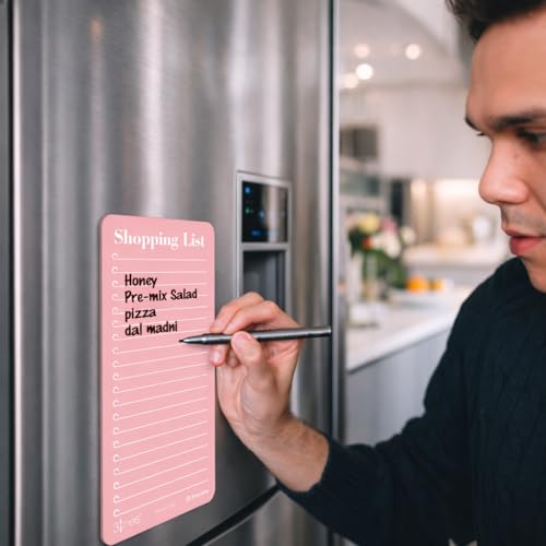 Image of 3 Lines Shopping List Fridge Magnet with Marker|Smart Planning & Shopping for Family, Working Professionals|Acrylic Magnetic Notepad for Kitchen Organisation|12x24 cms|Pink Guava Color|Large
