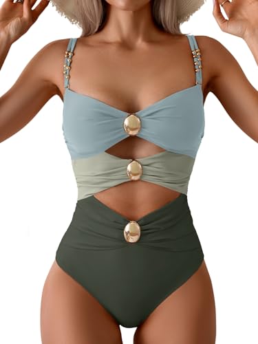 Image of B2prity Cutout One Piece Swimsuit Tummy Control Ruched Monokini Color Block Bathing Suit for Cruise Vacation