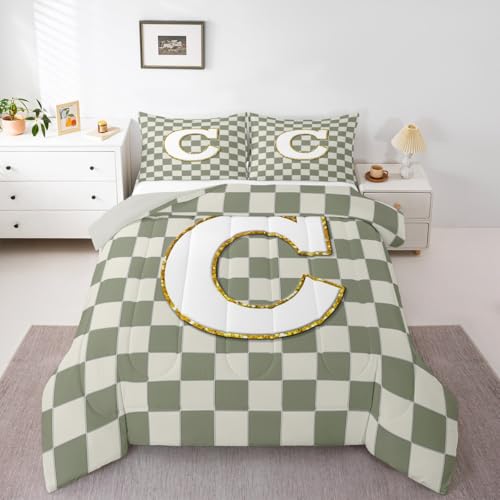 Image of Erosebridal Sage Green Checkered Kids Comforter Sets Plaid Initial C Toddler Bedding Set for Adults Personalized Monogram Comforter Set,Fashion Grids Gingham Quilt Duvet 2 Pcs