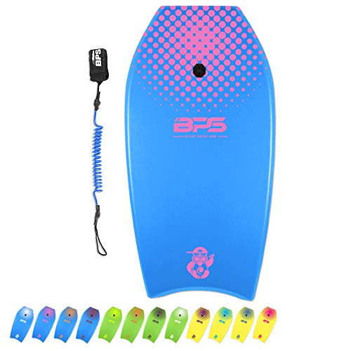 BPS Bodyboard  Shaka  41 Inch - HDPE Slick Bottom Super Lightweight - Enhances Speed Maneuverability Any Wave Condition - with Coiled Blue Wrist Leash (Blue, Magenta Accent)