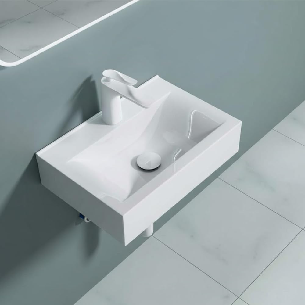 Durovin Bathrooms Ceramic Basin - Wall Hung or Counter Top Mount Sink - Single Tap Hole Without Overflow - Rectangular 450 x 305mm (WXD)