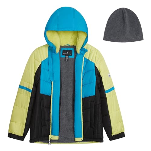 Image of LONDON FOG Boys' Heavyweight Hooded Puffer Jacket with Sherpa-Lined Hood & Fleece Beanie