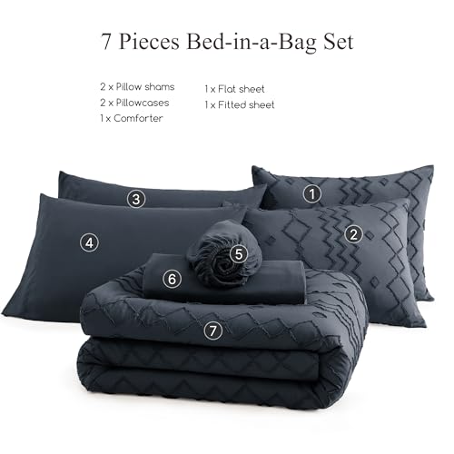 Image of AMBERSPACE Full Size Comforter Set Navy Blue, Tufted Boho Bedding Farmhouse Bed Set, All Season 7 Pieces Bed in a Bag with Sheets, Pillowcases & Shams