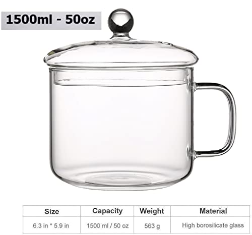 Glass Cooking Pot - 1.5L/50Oz Clear Glass Cooking Pot, Glass Saucepan, Simmer Pot With Lid, Easy Grip Handles, Made From Oven, Microwave, Safe For Pasta Noodle, Soup, Milk, Tea #TOP1