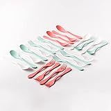 KNORK Eco Plant Based Cutlery Bamboo Reusable Flatware Set, 24 Piece (12 Eco Forks, 12 Eco Spoons), Multi - Mint, Coral, White