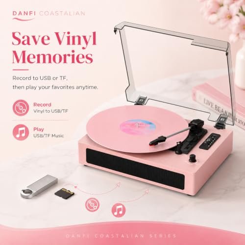 Image of Vinyl Record Player 3 Speeds with Speakers, Bluetooth, USB Recording,Pink | Built-in stereo speakers, Digital display,USB /TF recording and playback, Shortcuts, auto stop, RCA output, AUX input, EQ