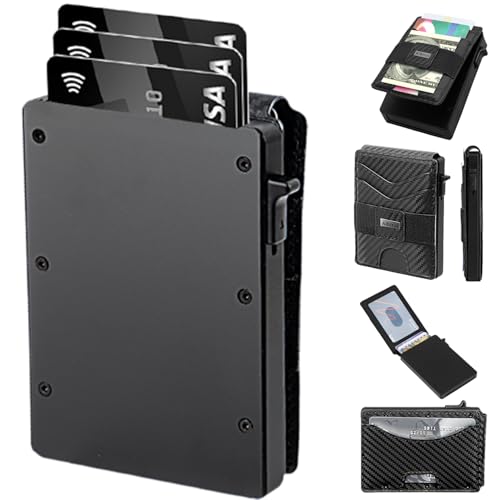 Minimalist Wallet for Men-Pop Up Business Card Case,with Money Clip Carbon Fiber Slots Credit Card Holder RFID Blocking Bifold Slim Wallet with ID Window(Black Slim Wallet for Men Gift)