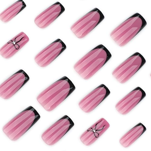 Image of Black French Tip Press on Nails Bow Fake Nails Medium Square False Nail Nude Glossy Full Cover Stick on Nail for Women DIY Decoration 24Pcs
