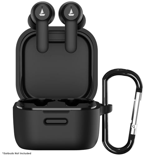 Image of Sounce Earphone Case Cover Compatible for Boat Airdopes Fuel, Soft Silicone Skin Case Cover Shock-Absorbing Protective Case with Keychain [Front LED Visible](Black)