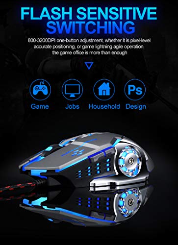 Image of D25 Gaming Mouse,Tinji TJ-1 Wired USB 2.0 Optical Mice, 3200 DPI LED Backlight 6 Button, 4 Color Breathing Lights with 1.5M Nylon Cable for Gamers