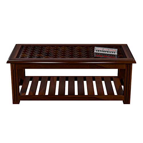 Image of Sheesham Wooden Centre Table with Storage Shelf for Living Room with Glass Top - Solid Wooden Coffee Table - Teapoy, Tea Table, Sofa Table & Center Table (Ariston Walnut)