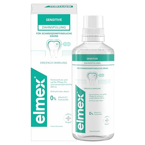 elmex Mundspülung Sensitive 400ml – Mundspülung für Extraschutz vor schmerzempfindlichen Zähnen und Zahnhalskaries – für die tägliche Zahnreinigung ohne Alkohol mit Minzgeschmack