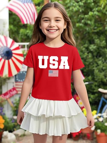 Image of VVNTY Girls American Flag Crop Tops Kids USA Crop Shirt Patriotic 4th of July Tops 5-14 Years