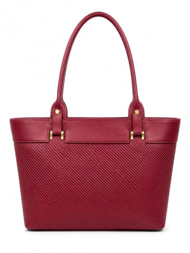 Image of Black Tote Bag with Textured Front and Gold-Tone Hardware (Maroon)