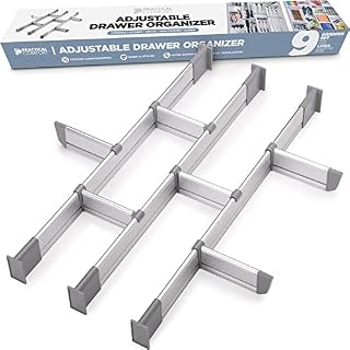 Practical Comfort Drawer Organiser, Adjustable Aluminium Drawer Insert for Clutter-Free Kitchen, Drawers, Office, Clinic, Set of 9 Dividers (3 Long + 6 Short) 50 - 55.5 cm Deep