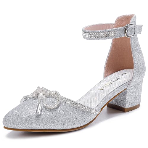 Image of LAURMOSA Girls Sandals Closed Toe High Heels Pointed Toe Ankle Strap Pumps Flower Girl Dressy Shoes in Wedding Party Cute Bowknot Chunky Block Heeled for Little Big Kids