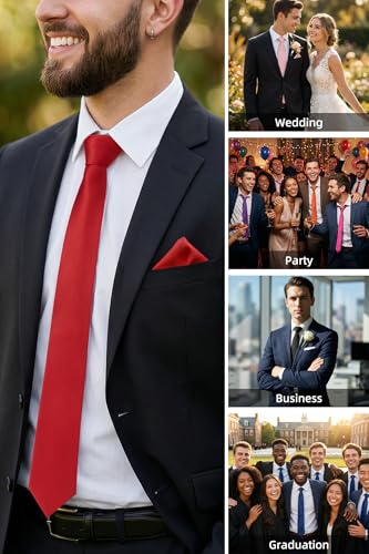 Image of HISDERN Mens Ties Solid Color Ties for Men Formal Necktie with Pocket Square Set Satin Silk Neck Tie Handkerchiefs Set