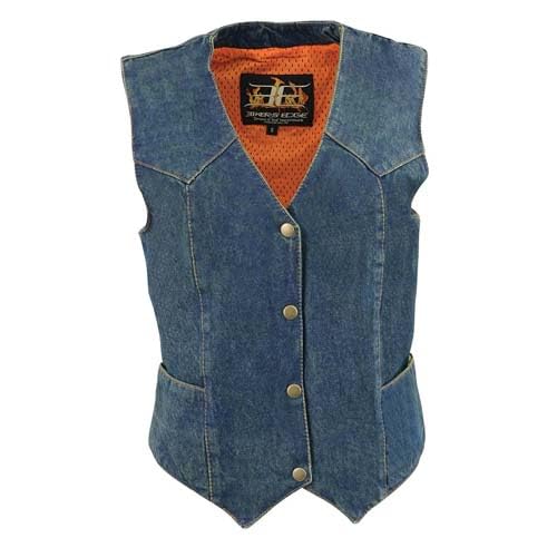 Milwaukee Leather MDL4000 Colete jeans feminino azul liso lateral 4 botões frontal - 4GG