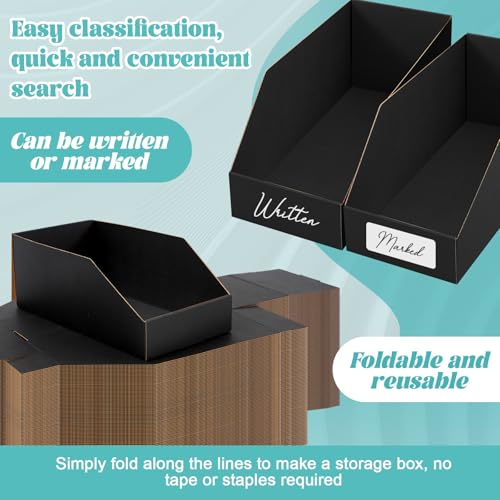 Image of Fuyoooo 30 Pack 12 x 4 x 4. 5 Inches Cardboard Storage Bins Open Top Bin Boxes Black Corrugated Shelf Organizer Bins for Pantry, Parts, Garage, Snacks, Bottles, Cans or Warehouse Home Cubby