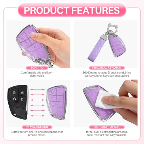 Avalessia for Chevy Key Fob Cover with Keychain,5 Buttons Soft TPU Protector Bling Car Keys Case Shell Compatible with 2021-2024 Chevy Tahoe Suburban GMC Yukon Silverado Buick Smart Key(Silver Purple) — view 4