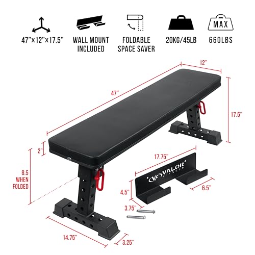 Valor Fitness Utility Weight Bench – Fold-Up Wall-Mount Flat Bench for Weightlifting, 1200 lb Capacity, Space-Saving Design for Serious Lifts & Home Gym Strength Training