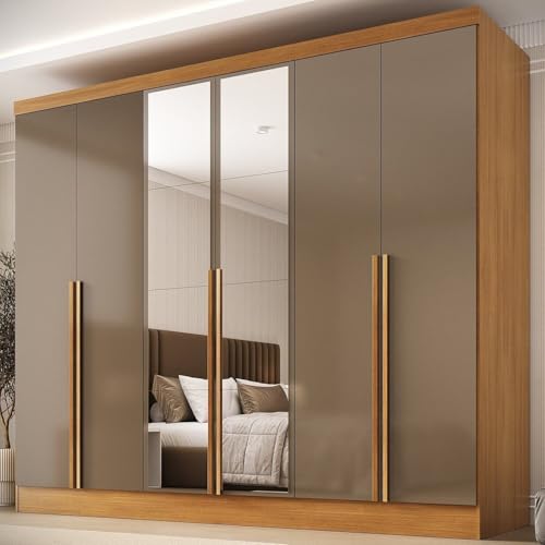 Guarda-roupa 100% Mdf 6 Portas 3 Gavetas com Espelhos Lisboa Yescasa Cinamomo/Cappuccino