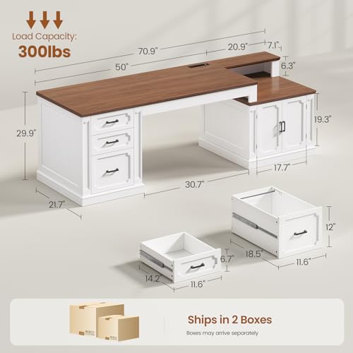Image of SEDETA Farmhouse 70.9 inch Executive Desk, Home Office Desk with File Drawers and Storage Cabinet, Computer Desk with Power Outlet for Home Office, Work Study Writing, White+Brown