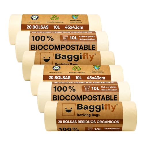 Baggifly, Bolsas de Basura Biodegradables 10L, 120 Bolsas Basura Compostables, ECO Friendly, Cubos Pequeños y Residuos Orgánicos, Pack 6 x 20, Fabricado en España