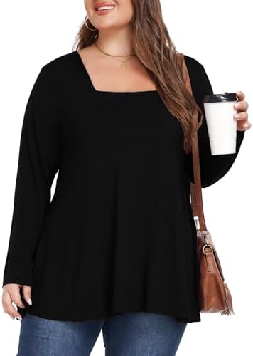 OVERWORETY Womens Plus Size T-Shirt Square Neck Long Sleeve Loose Casual Tunic Tops