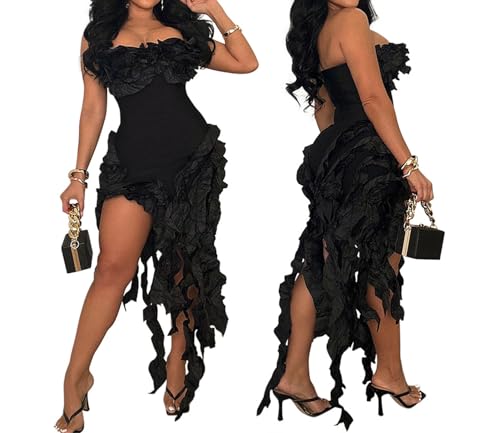 Generic Womens Sexy Off Shoulder Bodycon Ruffle Dress Strapless Trim Irregular Tassel Split Club Night Party Midi Dresses4