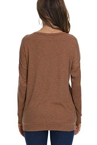 YSYOKOW Womens Casual Loose Shirts Long Sleeve Blouses Tunic Tops with Pockets(Brown, 3X-Large)