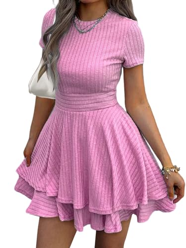 Image of Womens Summer Mini Dresses Short Sleeve Casual Crewneck Knitted Crochet Flowy Tiered Sundress