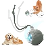 SilveWillo Interactive Electric Automatic Rolling Moving USB Rechargeable Self Activated Play Stimulation Toy Smart Chase Teaser Ball with Speedy Tail Rope for Bored Adult Indoor Cats and Dogs, Grey