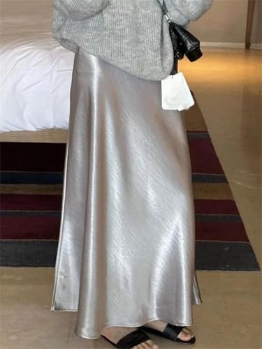 Women's A-Line Satin Fishtail Skirt Elastic Waist Summer Solid Casual Long Loose Daily Skirt2