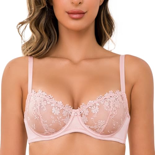 Image of Wingslove Women's Sexy Lace Bra Demi Sheer Mesh Balconette See Through Bralette Unlined Underwire Embroidered