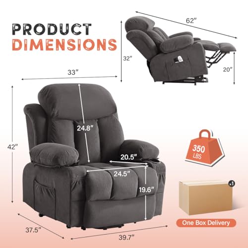 Image of BOSMILLER Power Lift Recliner Chair with Massage and Heat for Elderly, Electric Recliner Single Sofa with Two Cup Holders, Extended Footrest, Side Pocket and USB Charge Port for Living Room