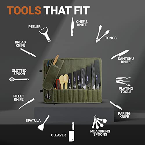 Elite Chef Knife Roll | 16Oz Ultra Waxed Canvas Knife Case | 12+ Slots For Knives & Kitchen Tools | W/Carrying Strap | Knife Organizer For Pro Chefs | Tools Not Included, Bag Only #TOP3
