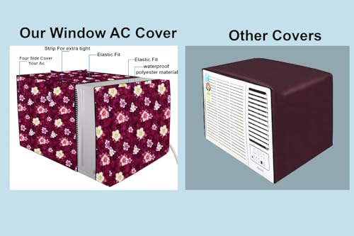 Image of The Furnishing Tree Elastic fit waterproof Polyester window ac cover suitable for Croma 1.5 Ton, Dustproof cover for inner and outer section, In CM: (62.23x66.04x43.18), Floral Pattern Red