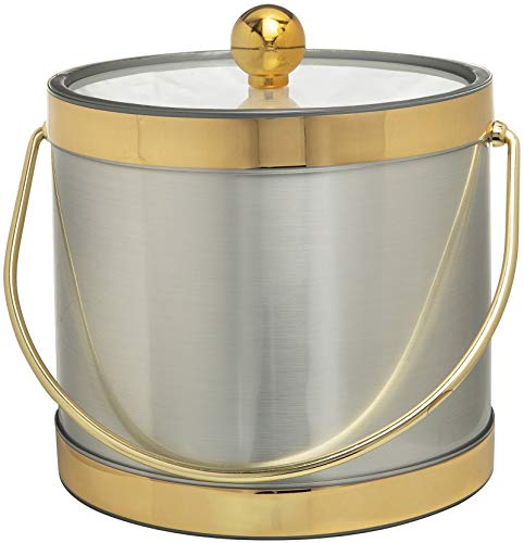 Hand Made In Usa Brushed Silver With Gold Trim Double Walled 3-Quart Insulated Ice Bucket With Ice Tongs (Metallic Deco Collection) #TOP1