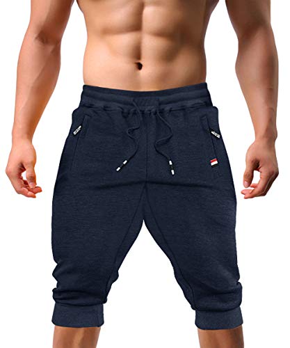 KEFITEVD Pantalones de entrenamiento 3/4 para hombre, de algodn, cortos, de corte ajustado, pantalones capri, fitness, verano, pantalones con cremallera, transpirables #29 azul oscuro. 40