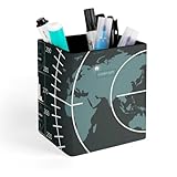 Leather Rectangle Pen Holder, Pen Organizer Desk Organizer Makeup Brush Holder for Men Women Office School Home 4.3x3.5x3.1 inch Print Digital Radar Screen with World Map Targets