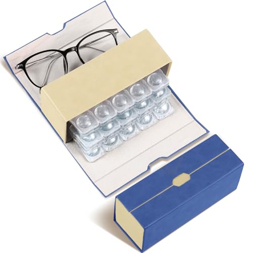 Flutesan Contact Lens Case, Leather, Blue, Double Sided Portable 2 in 1 Contact Lens and Eyeglass Case for Travel Outdoor Daily Use