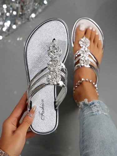 Verdusa Women's Glitter Dressy Sandals Shiny Floral Slip on Flat Flip Flops4