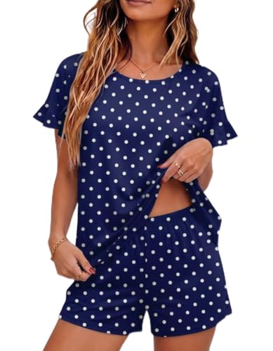 Image of Ekouaer Womens Cotton Pajama Set Ruffle Sleeve Top and Short Soft Sleepwear | Comfy Cotton Loungewear Crewneck Sleepwear with Pockets for mom, wife or grandmother