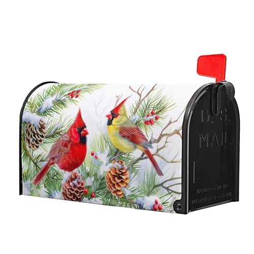 Image of Winter Birds Mailbox Cover with Magnetic Christmas Tree Holly Branches Red Berry Pine Cone Mailbox Wrap Post Cover Standard Size 21x18 Inch for Garden Yard Outdoor Patio Hew Year Decor