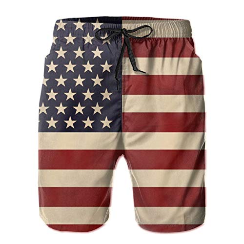 Youth Swim Trunks, American Flag Vintage Americana Red Navy Blue Beige Beach Shorts Quick Dry Beachwear Pants 3D Printed Drawstring Beach Pants with Pockets Mesh Lining Medium