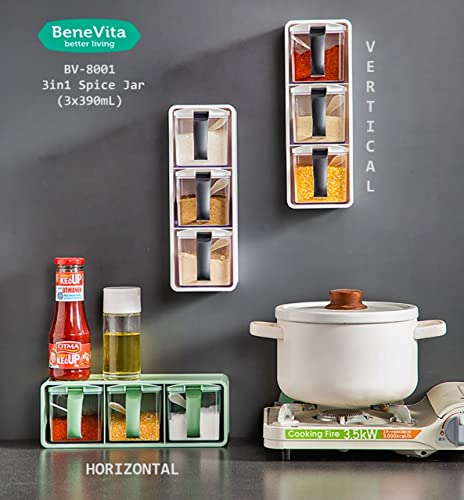 Image of 3pcs Storage Spices Jar Plastic 3 in 1 Spice Jar with Rack Box Serving Set with Cover and Spoon, seasoning Storage Spice Rack Set with Removable Jars for Salt Sugar Spices (randomly color)