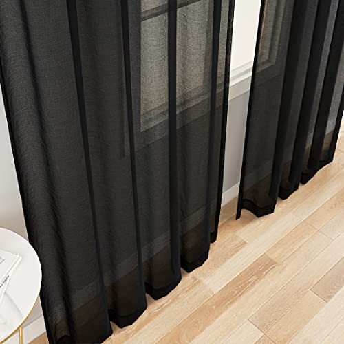 Image of Sheer Curtains 108 inch Length 2 Panels Set, Semi Sheer Privacy Curtain Drapes, Black Rod Pocket Window Treatments Voile Curtains for Windows Living Room Bedroom Sunroom French Doors, 52 inchW x 108 inchL