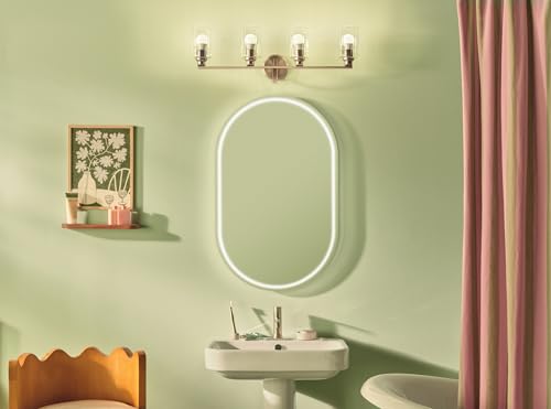 Image of Kichler Gioe 32.25 in 4-Light Bathroom Vanity Light Fixture with Clear Fluted Glass in Champagne Bronze, Damp Rated for Mirror, Powder Room (32.25 in W x 10.5 in H), 55227CPZFLU