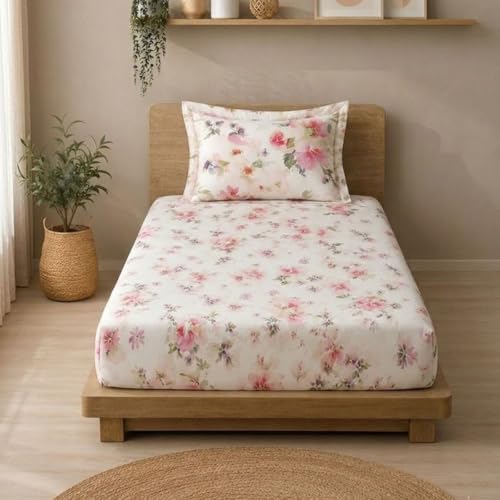 Image of Linen Home Cotton Percale Fitted Bedsheet Set Single Size Floral Pink